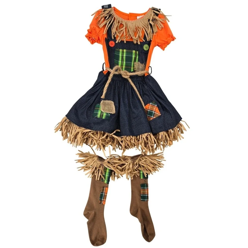 Scarecrow Costume Girls Size 6-6X  Fall Patchwork Halloween‎ Rustic Dress up